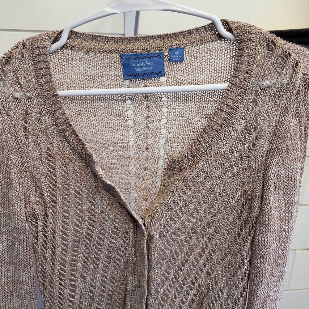 Simply‎ Vera Vera Wang Fitted Open-Stitch Knit Snap Cardigan Sweater 90s Style